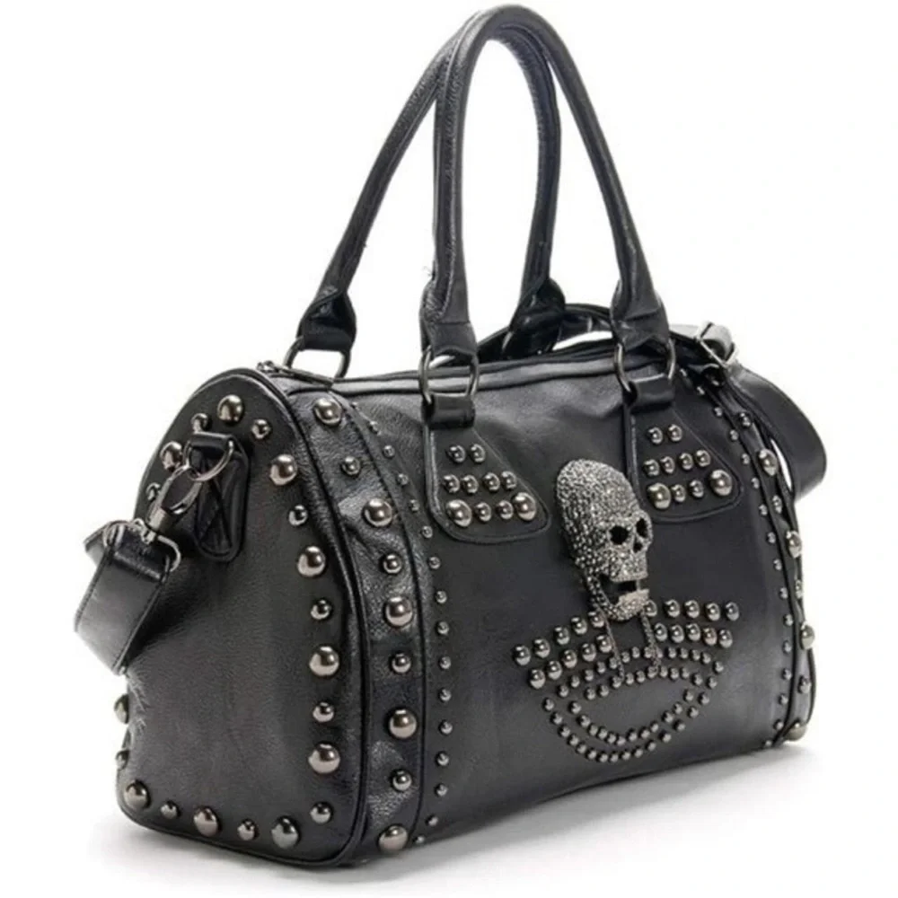 Edgy Black Studded Satchel with Skull Design
